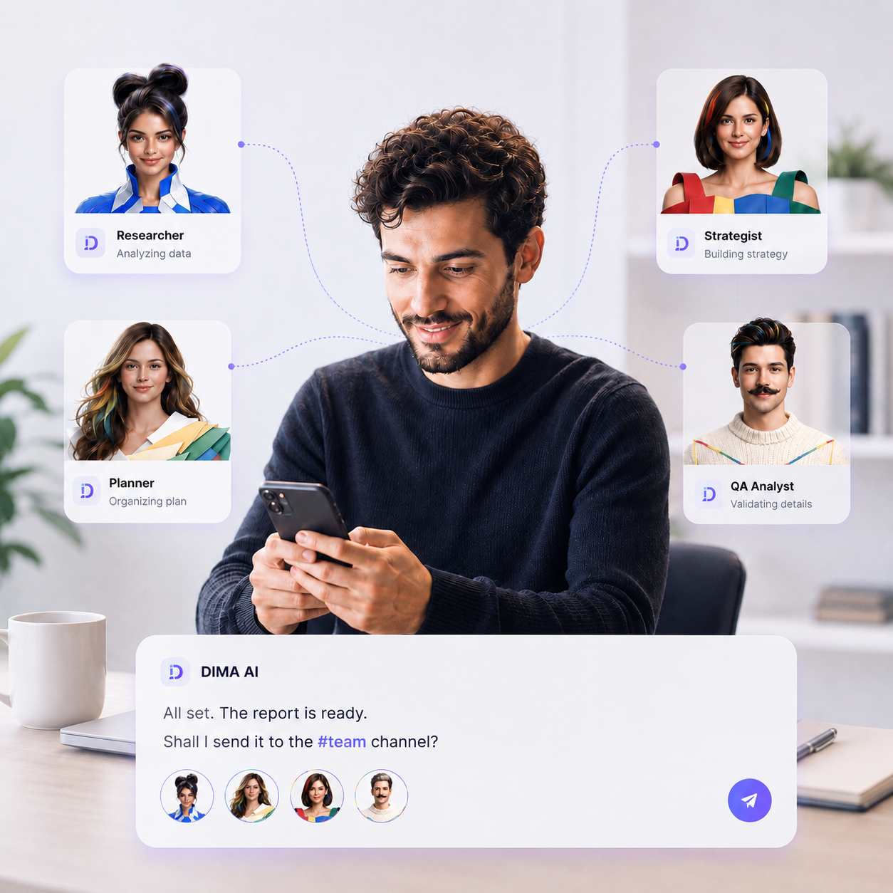 D1MA ONE coordinating specialized AI agents from Company Chat